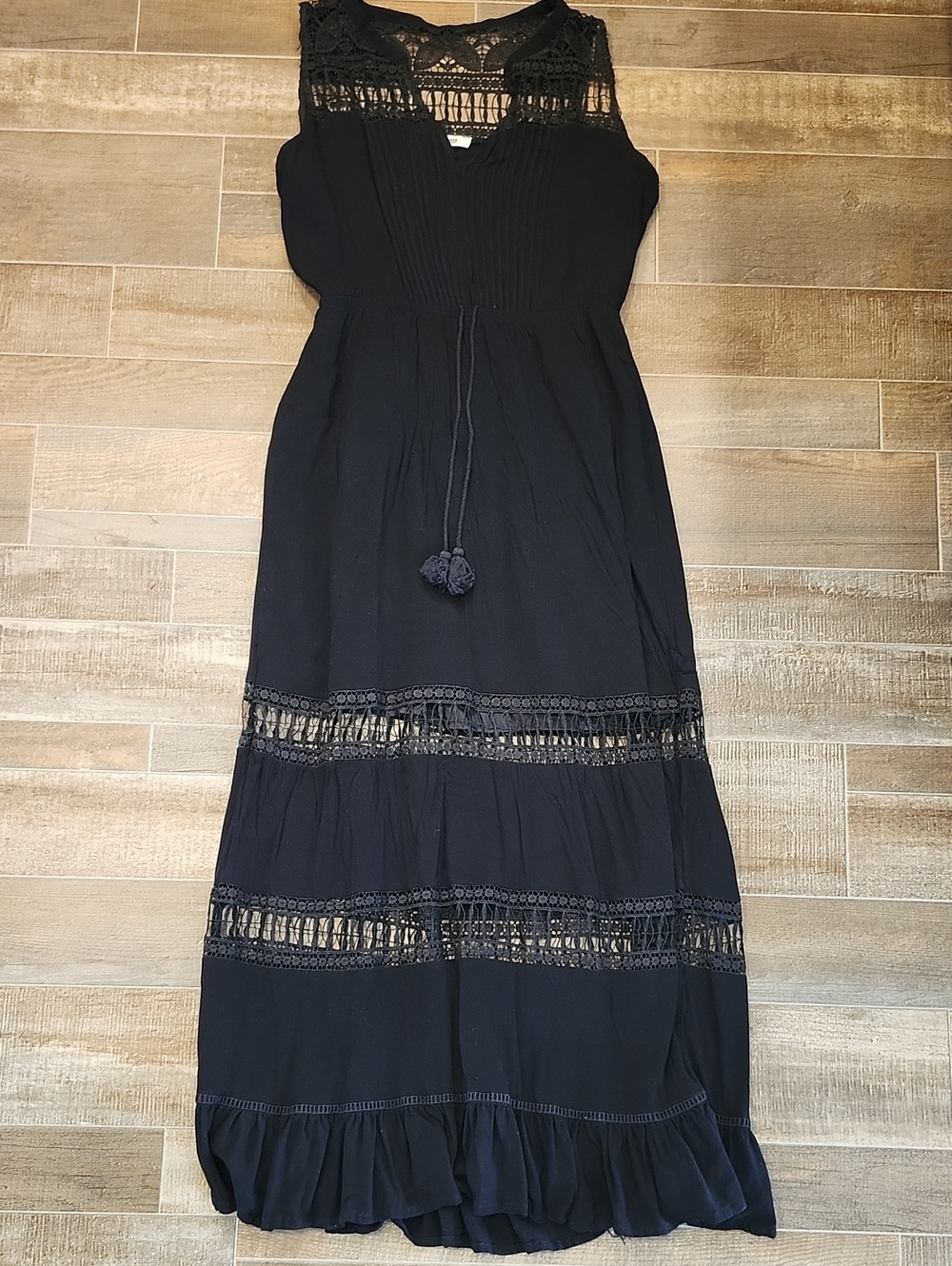 BB Dakota Black Crochet-Yoke Maxi Dress with Tassel Tie